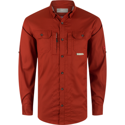 Wingshooter's Trey Dobby Button-Down Long Sleeve Shirt featuring button-through flap chest pockets, vented back, and adjustable cuffs for enhanced performance and comfort.