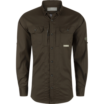 Wingshooter's Trey Dobby Button-Down Long Sleeve Shirt, featuring a waffle dobby fabric, hidden button-down collar, vented back, and chest pockets with closures.