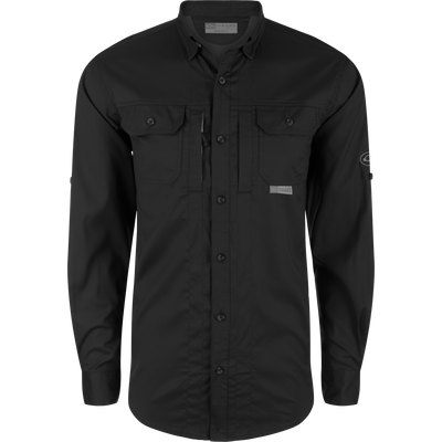 Close-up of the Wingshooter's Trey Dobby Button-Down Long Sleeve Shirt, highlighting the textured fabric, hidden button-down collar, and vented cape back for enhanced performance.
