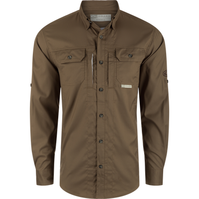 Wingshooter's Trey Dobby Button-Down Long Sleeve Shirt featuring vented cape back, hidden button-down collar, and two flap chest pockets. Ideal for performance and versatility.