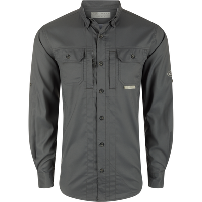 Wingshooter's Trey Dobby Button-Down Long Sleeve Shirt showcasing its button-down collar, flap chest pockets, and vented back for performance and comfort.