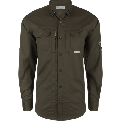 Wingshooter's Trey Dobby Button-Down Long Sleeve Shirt showcasing vented cape back, two button-through chest pockets, and adjustable cuffs for versatile hunting and outdoor performance.