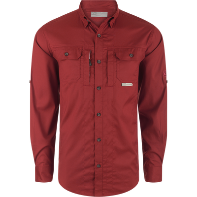 Close-up of the Wingshooter's Trey Dobby Button-Down Long Sleeve Shirt, highlighting its textured fabric, hidden button-down collar, and vented back, suitable for performance and casual wear.