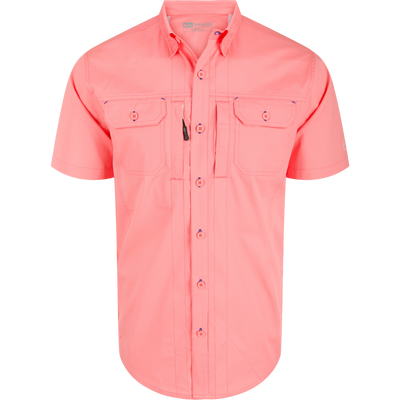 Wingshooter Trey Solid Short Sleeve Shirt featuring a hidden button-down collar, vented cape back, and two flap chest pockets, ideal for versatile outdoor activities.