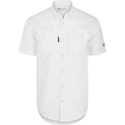 Wingshooter Trey Solid Short Sleeve Shirt featuring a button-down collar, two flap chest pockets, and a vented back, designed for comfort and ease of movement.