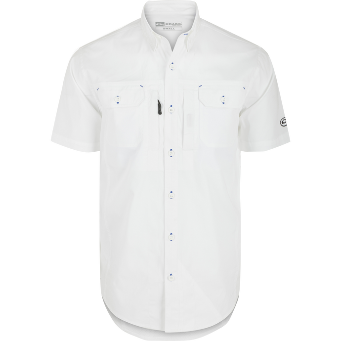 Wingshooter Trey Solid Short Sleeve Shirt featuring a button-down collar, two flap chest pockets, and a vented back, designed for comfort and ease of movement.