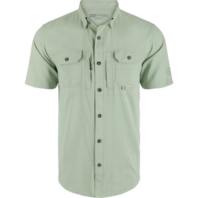 Wingshooter Trey Cross Hatch Short Sleeve Shirt featuring a hidden button-down collar, vented back, and functional chest pockets, designed for performance and comfort.
