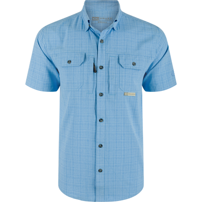 Wingshooter Trey Cross Hatch Short Sleeve Shirt featuring a button-down collar, vented cape back, and two flap chest pockets, designed with moisture-wicking polyester fabric.