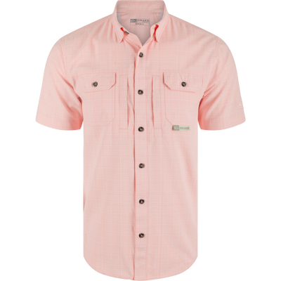 Wingshooter Trey Cross Hatch Short Sleeve Shirt, featuring a button-up design, hidden button-down collar, and vented cape back, ideal for performance and comfort.