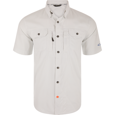 Wingshooters Trey Grid Check Short Sleeve Shirt with a classic fit, ventilated back, two flap chest pockets, and hidden zippered pocket, ideal for performance and outdoor activities.