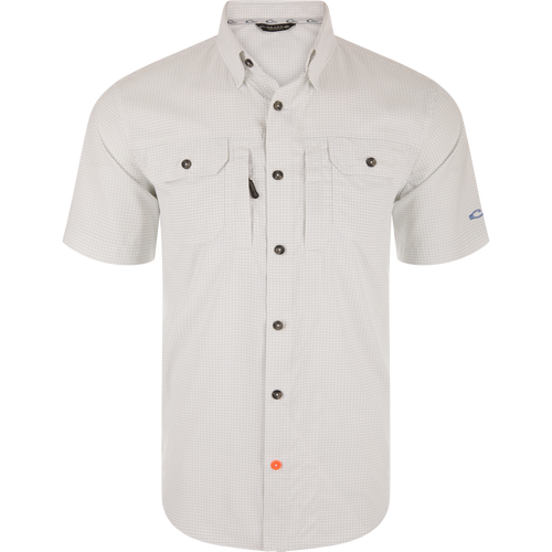 Wingshooters Trey Grid Check Short Sleeve Shirt with a classic fit, ventilated back, two flap chest pockets, and hidden zippered pocket, ideal for performance and outdoor activities.