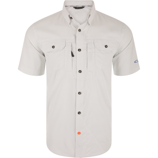 Wingshooters Trey Grid Check Short Sleeve Shirt with a classic fit, ventilated back, two flap chest pockets, and hidden zippered pocket, ideal for performance and outdoor activities.