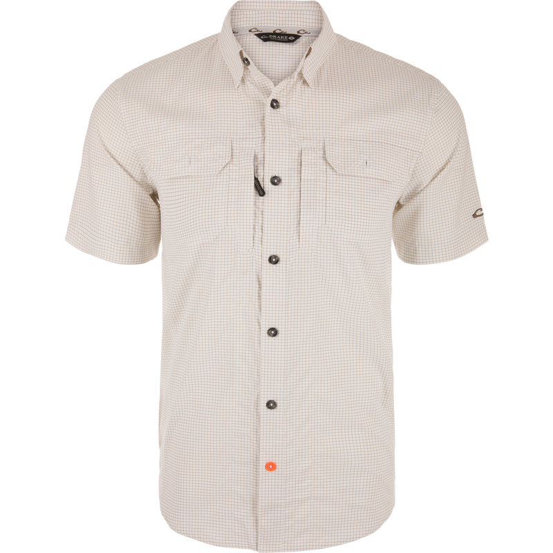 Wingshooters Trey Grid Check Short Sleeve Shirt on mannequin, featuring button-front, two chest pockets, button-down collar, vented back, and hidden zippered pocket.