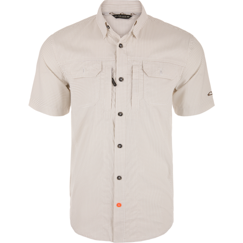 Wingshooters Trey Grid Check Short Sleeve Shirt on mannequin, featuring button-front, two chest pockets, button-down collar, vented back, and hidden zippered pocket.