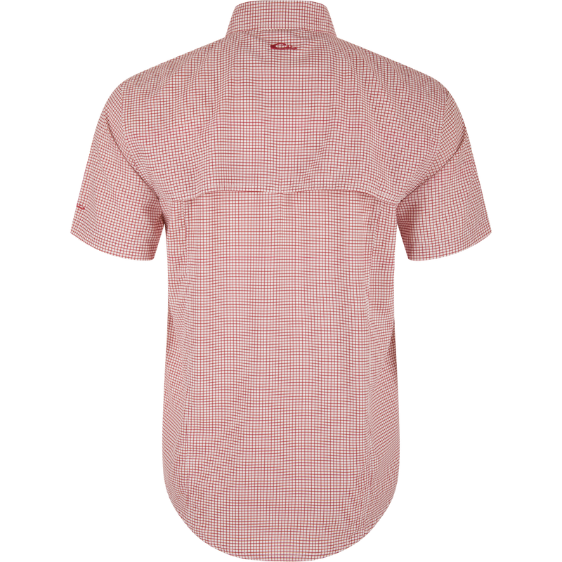 Back view of the Wingshooters Trey Grid Check Short Sleeve Shirt, featuring a red-and-white grid pattern, yoke with pleat, and sculpted hem.