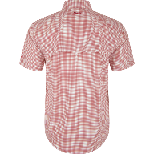 Back view of the Wingshooters Trey Grid Check Short Sleeve Shirt, featuring a red-and-white grid pattern, yoke with pleat, and sculpted hem.