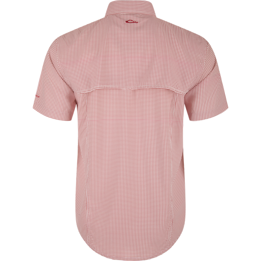 Back view of the Wingshooters Trey Grid Check Short Sleeve Shirt, featuring a red-and-white grid pattern, yoke with pleat, and sculpted hem.