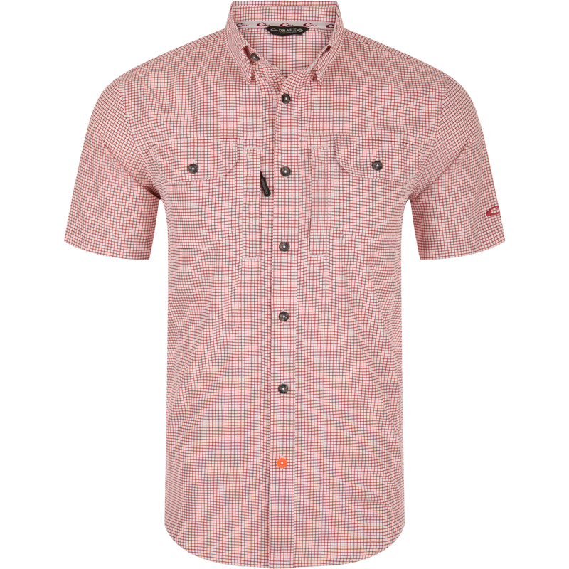 Wingshooters Trey Grid Check Short Sleeve Shirt features a red-and-white micro-check pattern, button-down collar, flap chest pockets, and vented back for enhanced performance.