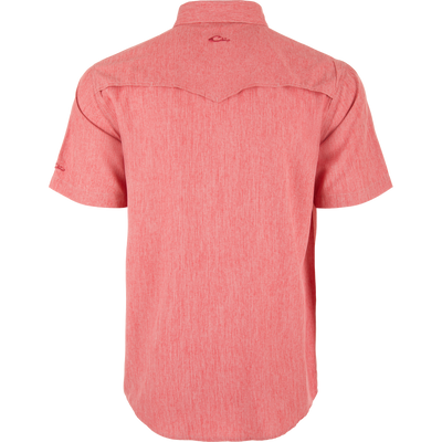 Back view of the Cinco Ranch Chambray Performance Short Sleeve Shirt on a mannequin, showcasing Western-inspired yoke seam, collar, sleeves, and hemline.