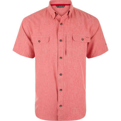 Cinco Ranch Chambray Performance Short Sleeve Shirt with button-up design, two flap pockets, and Western yokes, ideal for versatile functionality and comfort.