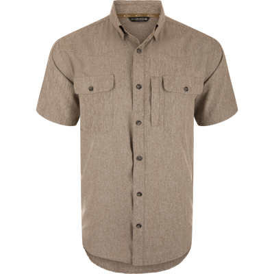 Cinco Ranch Chambray Performance Short Sleeve Shirt with button-front, two chest pockets, and Western yoke; features moisture-wicking, quick-drying fabric with UPF 30 protection.