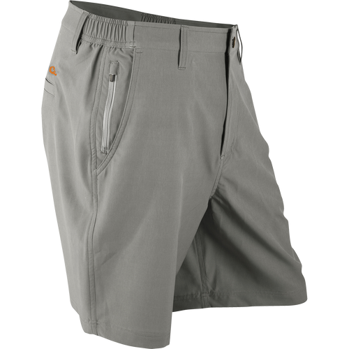 A high-performance Active Short for the outdoorsman. Moisture-wicking, breathable fabric with stretch. Zippered and slash pockets. 7.5-inch inseam. Elastic waistbands for comfort. Color: Granite.