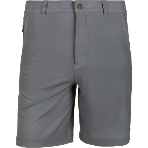 Grayson Creek Short, solid gray, features belt loops, front button, side pockets, and a side-adjusting elastic waistband, ideal for versatile casual wear.