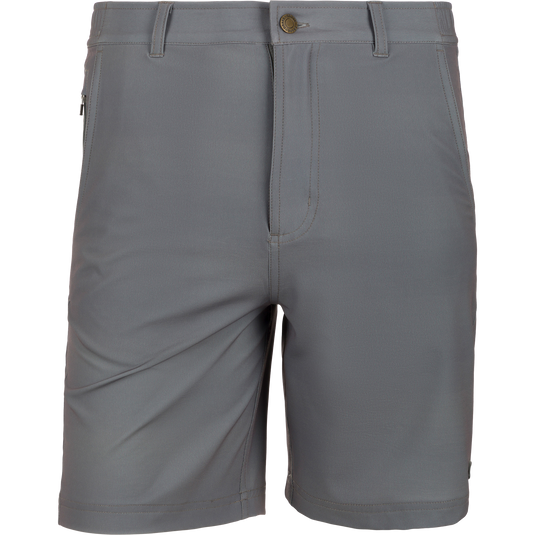 Grayson Creek Short, solid gray, features belt loops, front button, side pockets, and a side-adjusting elastic waistband, ideal for versatile casual wear.