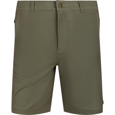 Grayson Creek Short with front view, showing waistband, belt loops, button closure, and mid-thigh hem; features versatile pockets and stretch fabric for outdoor adventures.