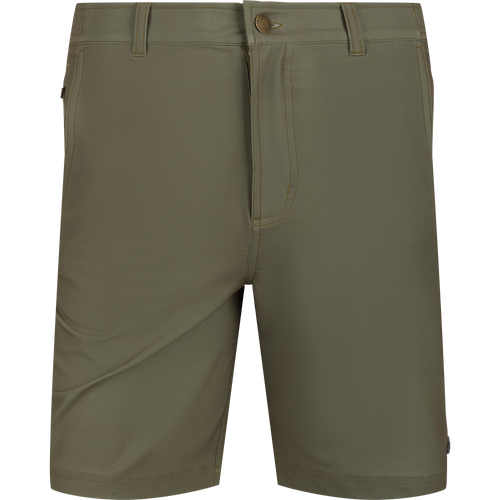 Grayson Creek Short, olive-green above-the-knee shorts with belt loops, zip fly, side pockets, elastic waistband, and back welt pockets, perfect for versatile outdoor adventures.