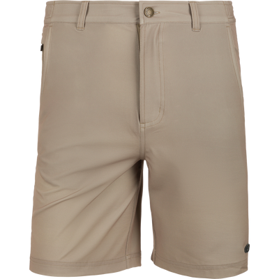 Grayson Creek Short featuring a traditional silhouette, close-up on button detailing and stitching, showcasing side elastic waistband and secure zippered pocket for versatile outdoor adventures.