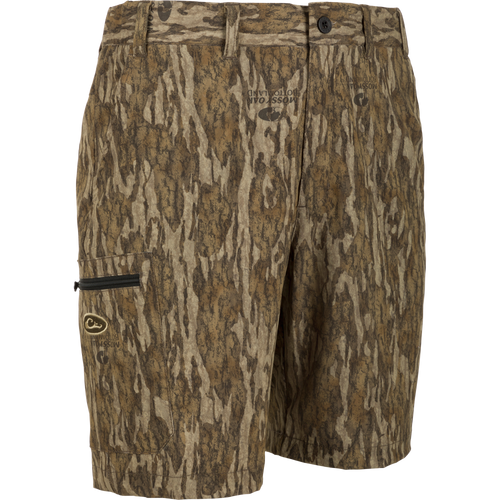 Bottomland camo shorts with logo detail, made of 92% Polyester and 8% Spandex, lightweight at 155 GSM, with built-in stretch and moisture-wicking features.