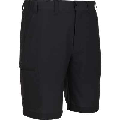 Traveler Trek Short in black, featuring a zip fly, elastic waist, belt loops, side pockets, and a zippered cargo pocket, ideal for active and outdoor pursuits.