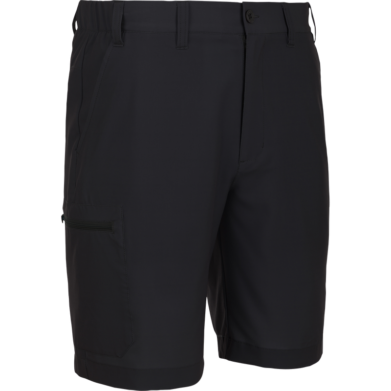 Traveler Trek Short in black, featuring a zip fly, elastic waist, belt loops, side pockets, and a zippered cargo pocket, ideal for active and outdoor pursuits.