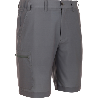 Castlerock Grey Traveler Trek Short with zipper, stretch fabric, and pockets for outdoor adventures.