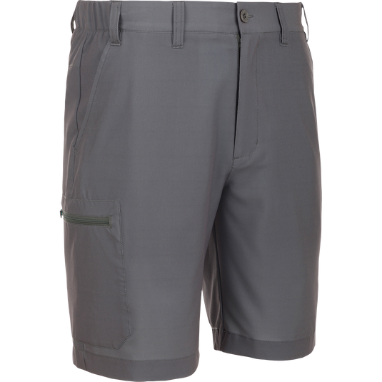 Castlerock Grey Traveler Trek Short with zipper, stretch fabric, and pockets for outdoor adventures.