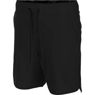 Commando Lined Volley Short 7in with elastic waistband, adjustable drawstring, scalloped hem, two front slash pockets, and back zippered pockets, showcasing versatile design and quick-dry features.