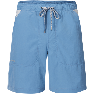 Light-blue Spring Brake Short with elastic waistband, white-and-blue drawstring, side pockets, and zippered pocket. Versatile for beach, gym, and outdoor activities.