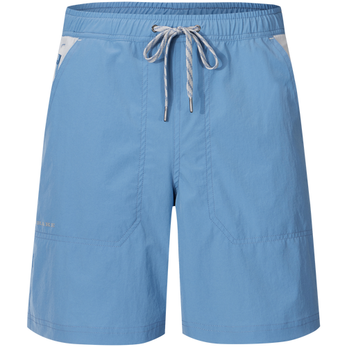 Light-blue Spring Brake Short with elastic waistband, white-and-blue drawstring, side pockets, and zippered pocket. Versatile for beach, gym, and outdoor activities.