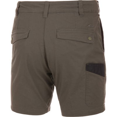 Back view of Drake 9 Pocket Ripstop Short featuring flap seat pockets, thigh patch pocket, and belt loops. Ideal for outdoor adventures with multiple functional pockets.