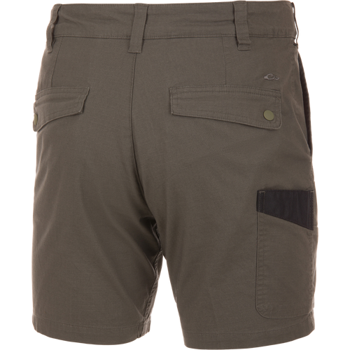 Back view of Drake 9 Pocket Ripstop Short featuring flap seat pockets, thigh patch pocket, and belt loops. Ideal for outdoor adventures with multiple functional pockets.