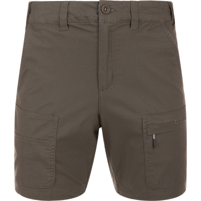 9 Pocket Ripstop Short featuring lightweight ripstop material, seven belt loops, two large thigh cargo pockets, zippered compartment, and reinforced plier’s pocket, ideal for outdoor adventures.