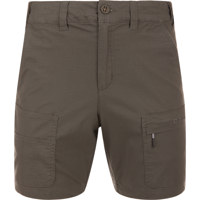 9 Pocket Ripstop Short featuring lightweight ripstop material, seven belt loops, two large thigh cargo pockets, zippered compartment, and reinforced plier’s pocket, ideal for outdoor adventures.