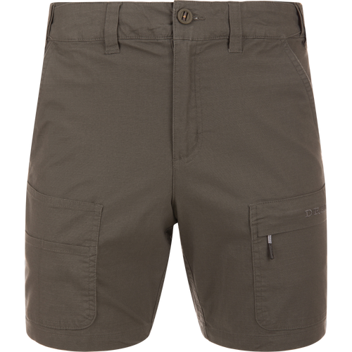 9 Pocket Ripstop Short featuring lightweight ripstop material, seven belt loops, two large thigh cargo pockets, zippered compartment, and reinforced plier’s pocket, ideal for outdoor adventures.