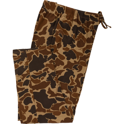Drake Lounge Pant in camouflage pattern, featuring an elastic waistband with drawstring, made of soft 100% polyester, laid flat on white background.