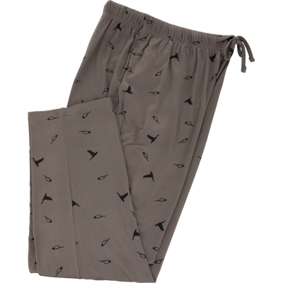 Drake Lounge Pant with elastic waist and drawstring, features grey-taupe fabric with black bird silhouettes, offering comfort and style for relaxed evenings.