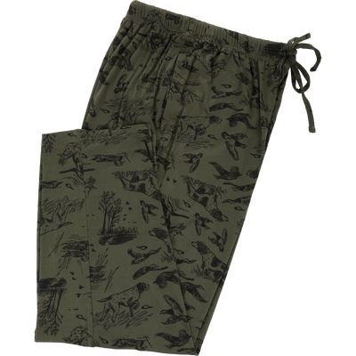 Drake Lounge Pant featuring an olive-green, outdoorsy hunting motif with adjustable drawstring and elastic waistband, ideal for post-hunt relaxation in style.