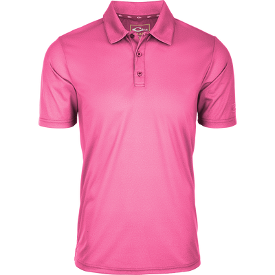 Performance Heather Polo S/S with a three-button placket, textured weave, and split tail hem, designed for comfort and mobility with moisture-wicking polyester.