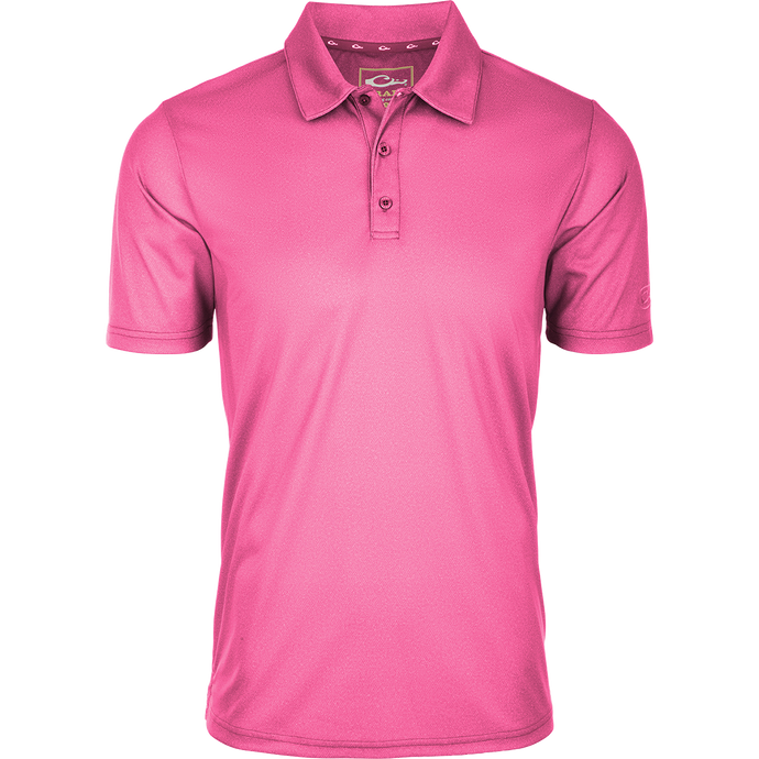 Performance Heather Polo S/S with a three-button placket, textured weave, and split tail hem, designed for comfort and mobility with moisture-wicking polyester.