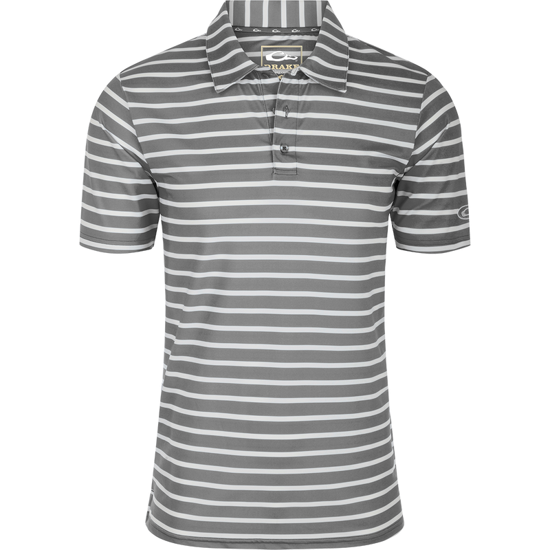 Performance S/S Stretch Striped Polo, a grey and white shirt with a logo on a flag. This lightweight, moisture-wicking polo features 4-Way Stretch and a self-fabric collar. Perfect for any occasion.